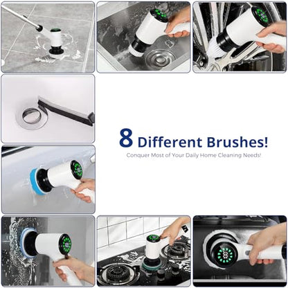Electric Spin Scrubber, Cordless Power Cleaning Brush with 8 Replaceable Heads, 2 Adjustable Speeds, LED Display & Long Handle, Ideal for Bathroom Tub Tile Floor Car Cleaning