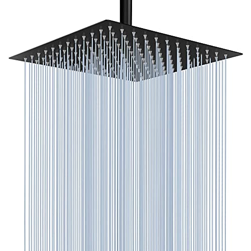 Voolan Rain Shower Head - High Flow Large Rainfall Shower Heads Made of Stainless Steel - Waterfall Bathroom Square Showerhead - Ceiling or Wall Mount (12" Black) - color: Matte Black, size: 12 Inch