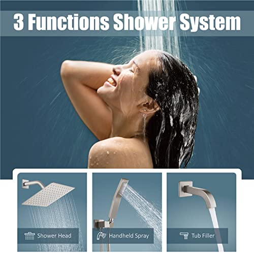 Aolemi Shower Faucet Set with Tub Filler Handheld 8" Head Brushed Nickel | Shower Valve and Trim Kit,Handheld Spray,Tub Spout,Single Handle,SUS304,Bathroom Mixer for Remodeling - color: Nickel, size: 8 Inch Shower Head