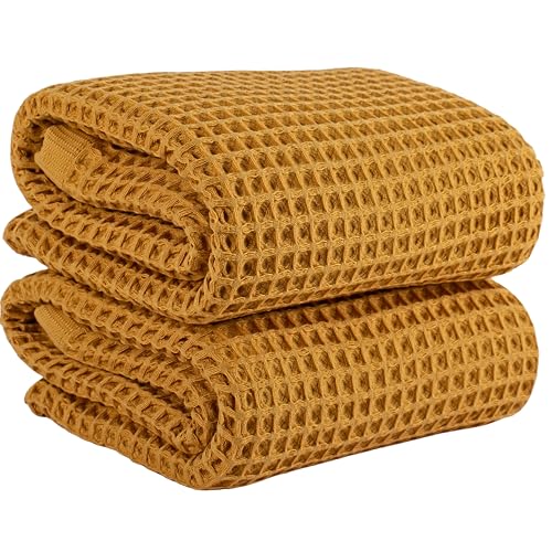 PÜSKÜL 2-Piece Natural 100% Turkish Cotton Waffle Bath Towels Extra-Large | Mustard, 32x63" Bath Sheet Towel, Light Soft Absorbent Quick-Dry Lint-Free Premium Honeycomb Weave Oeko-Tex Made in Turkiye - color: Mustrad Yellow, size: Bath Towels - Pack of 2