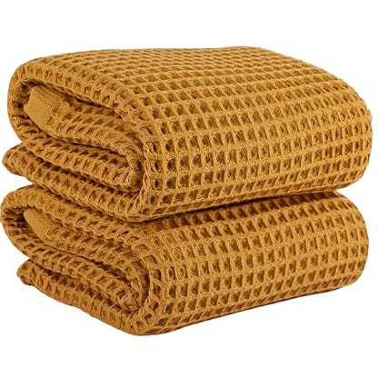PÜSKÜL 2-Piece Natural 100% Turkish Cotton Waffle Bath Towels Extra-Large | Mustard, 32x63" Bath Sheet Towel, Light Soft Absorbent Quick-Dry Lint-Free Premium Honeycomb Weave Oeko-Tex Made in Turkiye - color: Mustrad Yellow, size: Bath Towels - Pack of 2