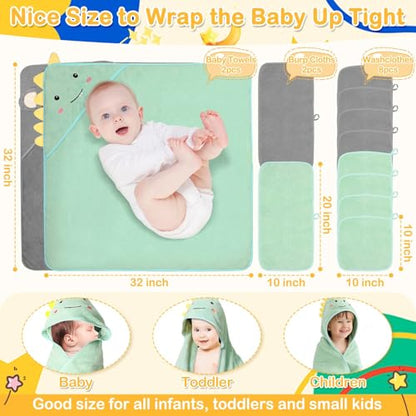 12 Pcs Baby Towel Set, Soft Baby Bath Towels and Washcloths Set, 2 Pcs Hooded Baby Towel, 2 Pcs Baby Burp Cloths and 8 Pcs Baby Washcloths for Infants, Toddlers and Kids (Dinosaurs & Elephants) - color: Dinosaurs & Elephants-12pcs
