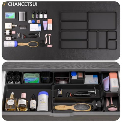 Black Bathroom Drawer Organizer Trays: 9 PC Stackable Desk Organizers Bin | vanity office kitchen modern shallow containers modular storage - color: Black