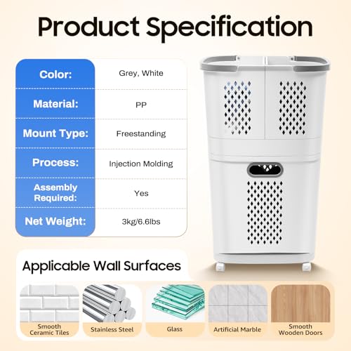 2-Layer Rolling Laundry Hamper with Detachable Baskets, Slim Space-Saving Laundry Sorter with 4 Wheels for Small Bathrooms, Dorms & Bedrooms, Laundry Room (Grey/White)