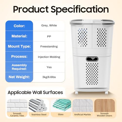 2-Layer Rolling Laundry Hamper with Detachable Baskets, Slim Space-Saving Laundry Sorter with 4 Wheels for Small Bathrooms, Dorms & Bedrooms, Laundry Room (Grey/White)