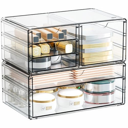 2 Pack Acrylic Drawer Organizer With 6 Drawers,Stackable 11.1” Large Clear Storage Drawers and Makeup Organizer For Vanity,Bathroom Countertop,Cabinet,Pantry,Office Supply Storage Bins Drawers - size: large 6 Drawers