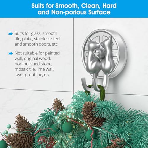 AST Cute Double-Cat Suction Cup Hook, 2 Pack, Heavy Duty Hooks, Upgraded Reliable Force of both Adhesion and Vacuum, Wall Holders for Loofah, Towel, Coat and Bath Robe, Waterproof Hanger, Matte Silver