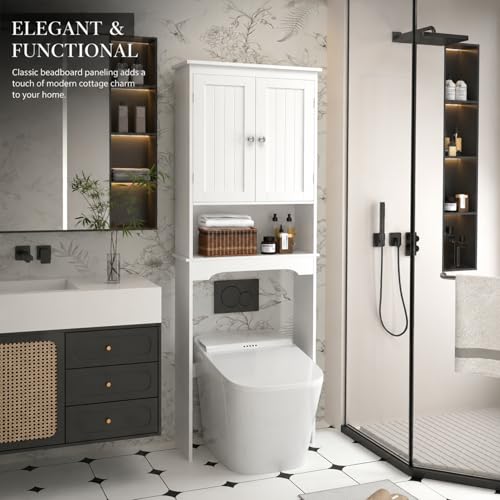 66" H White Bathroom Cabinet Over Toilet with Doors; Adjustable Shelf Bathroom Organizer Unit Featuring Freestanding MDF Wood Over the Toilet Cabinet Frame for Restroom (A) - color: A