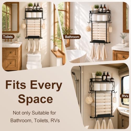 Towel Racks for Bathroom 23.8 Inch Wall Mounted Towel Rack with Shelf, Small Bathroom Towel Storage Holds 3–6 Large Rolled Towels, Metal Wall Towel Rack, Black - size: 23.8inch