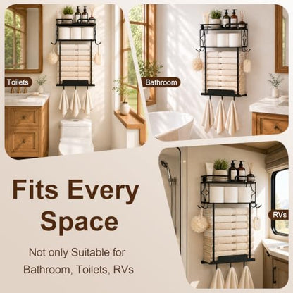 Towel Racks for Bathroom 23.8 Inch Wall Mounted Towel Rack with Shelf, Small Bathroom Towel Storage Holds 3–6 Large Rolled Towels, Metal Wall Towel Rack, Black - size: 23.8inch