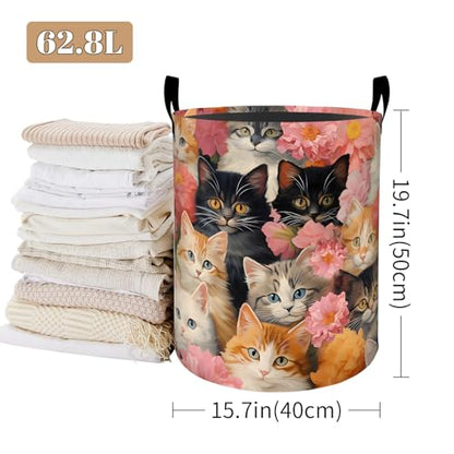 Cute Cat Laundry Basket, Peony Flower Design Foldable Oxford Cloth, Waterproof Dirty Clothes Hamper with Handles, Clothing Storage Bucket Toy Organizer for Bathroom Bedroom Dorm, 19.7"x15.7" - style: Cat