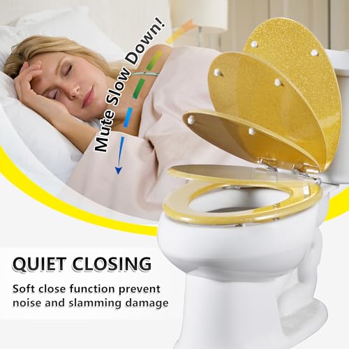 Angol Shiold Glitter Toilet Seat Molded Wood Elongated Toilet Seat with Quietly Close and Quick Release Hinges, Easy to Clean also Easy to Install (Elongated 18.5'', Yellow) - color: Yellow, size: Elongated 18.5‘’