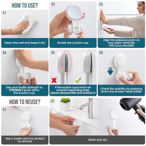 TAILI Shower Head Holder Suction,Adjustable Height & Angle,Universal,White | bathroom handheld shower wand bracket,no-drill removable waterproof,round,plastic,wall mounted,kids,pets,4.5" - color: Light White, size: Round