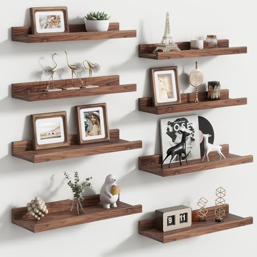 Floating Picture Ledge Shelves Set of 8, 16 Inch Shelves with Lip - Large Nursery Book Shelf for Toys Storage, Kids Bookshelf, Living Room, Bedroom Decor Frames - color: Walnut, size: 16'', Set of 8
