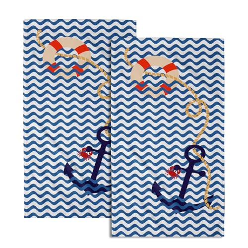 Giwawa Nautical Anchor Hand Towel Set of 2 Blue Wavy Pattern Fingertip Towels Soft Print Towel for Bathroom - color: Nautical Anchor - Blue, size: 28.3" x 14.4"(Pack of 2)