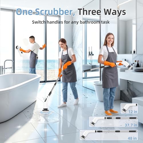 Electric Spin Scrubber, 3-Speed Flat End Brush with 8 Brush Heads & Base, IPX7 Waterproof, Adjustable Long Handle, Digital Display, 2500mAh Fast Charging, for Bathroom, Tub, Tile, Floor - color: Black