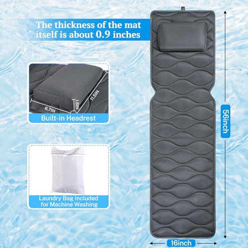 TranquilRelax Bath Pillow for Tub with Laundry Bag & 17 Non-Slip | Suction Cups,Extra Thick and Soft Bathtub Pillow for Head, Neck & Shoulder Support, 56" x 16" Grey