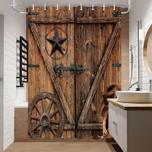 Texas Star Western Barn Door Shower Curtain Sets for Bathroom,Cowboy Hat Boots Wheel Decor Curtain, Vintage Rustic Wooden Board Farmhouse Bath Curtain with Hooks, 48X70IN - color: Pattern 13, size: 48"W x 70"L (Pack of 1)