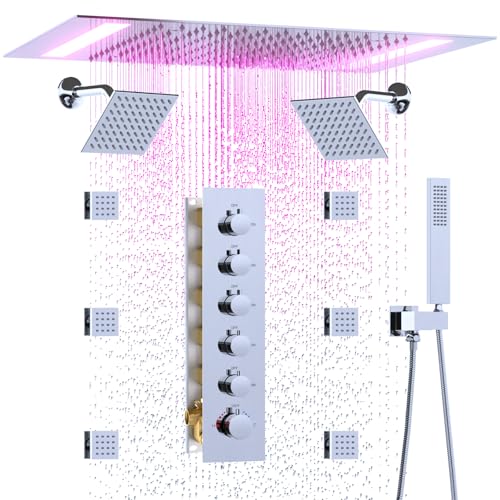 HOMEDEC Multi-Function Shower System with 14x20" LED and Dual 6" Shower Heads, 5-Way Valve Ceiling and Wall Mounted Shower Faucet Set, Chrome - color: Chrome, style: 5-Way + 2x 6" Top