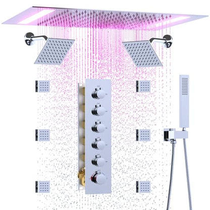 HOMEDEC Multi-Function Shower System with 14x20" LED and Dual 6" Shower Heads, 5-Way Valve Ceiling and Wall Mounted Shower Faucet Set, Chrome - color: Chrome, style: 5-Way + 2x 6" Top