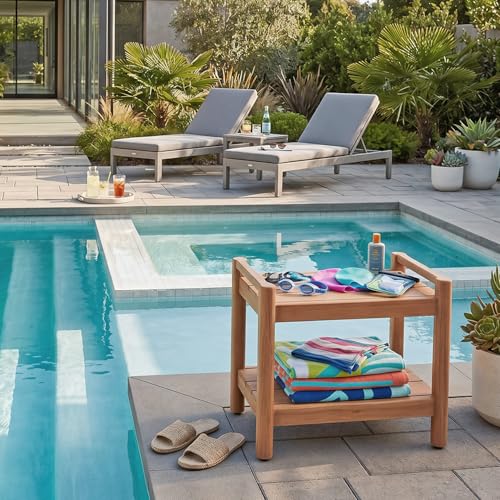 Asta Select Solid Teak 20" Shower Bench with Arms, Portable Teak Wood Spa/Shower/Outdoor Bench with Storage Shelf, Accent Side Table, Fully Assembled, ST-61A
