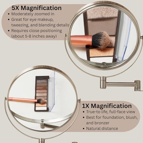 JERDON Wall-Mounted Makeup Mirror - 5X Magnification - Nickel - JP7506N | 8" Round Frame, 13.5" Wall Extension Arm - color: Nickel, size: 5X Magnification