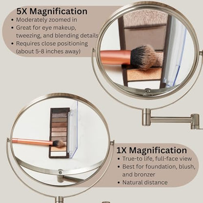 JERDON Wall-Mounted Makeup Mirror - 5X Magnification - Nickel - JP7506N | 8" Round Frame, 13.5" Wall Extension Arm - color: Nickel, size: 5X Magnification