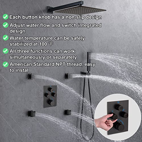 Thermostatic Shower System with Body Jets, Wall Mounted 12 Inch Rain Shower Head with Handheld Spray and 4 Body Jets Set, Push Button Thermostatic Shower Brass Valve, Oil Rubbed Bronze - color: Oil Rubbed Bronze, style: 12inch+4 body jets