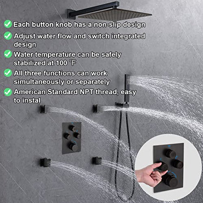 Thermostatic Shower System with Body Jets, Wall Mounted 12 Inch Rain Shower Head with Handheld Spray and 4 Body Jets Set, Push Button Thermostatic Shower Brass Valve, Oil Rubbed Bronze - color: Oil Rubbed Bronze, style: 12inch+4 body jets