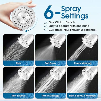 High Pressure Boosting Shower Head, ALOHOME 6 Powerful Spray Settings - Perfect for Low Water Pressure Homes, 3.6" Luxury Modern Chrome Finished Shower Head with 360° Adjustable Brass Ball Joint - color: Chrome