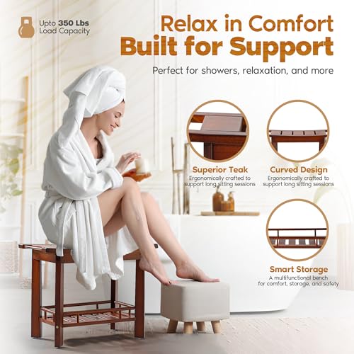 21" Teak Shower Bench for Inside – Luxury Spa-Style Comfort, FSC Certified Durable Teak Wood, Water-Resistant, Ergonomic Seat, Anti-Skid Stability and Enclosed Storage Shelf, 350 lbs Capacity