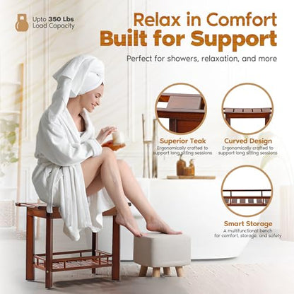21" Teak Shower Bench for Inside – Luxury Spa-Style Comfort, FSC Certified Durable Teak Wood, Water-Resistant, Ergonomic Seat, Anti-Skid Stability and Enclosed Storage Shelf, 350 lbs Capacity