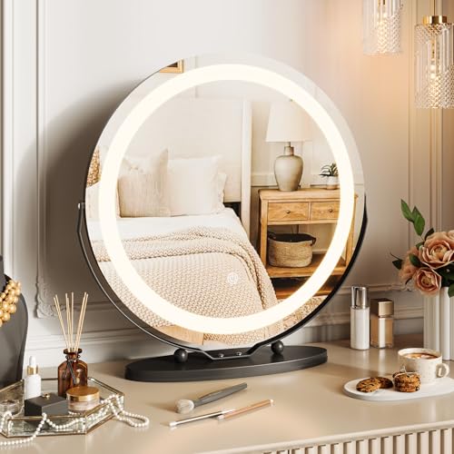 IDEALHOUSE 19" Round Vanity Mirror with Lights, Large Vanity Mirror with 3 Color Lighting Dimmable, Smart Touch Control, 360°Rotation Makeup Mirror for Bedroom, Dressing Room, Tabletop，Black - color: 19" - Black