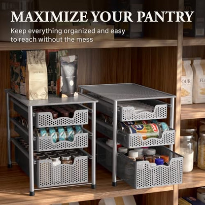 Simple Houseware Stackable 3 Tier Sliding Basket Organizer Drawer, Silver (Pack of 2) - color: Silver, size: 3-Tier (Pack of 2)