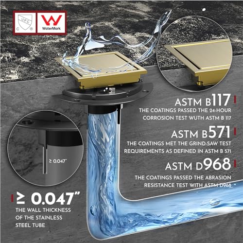 4 Inch Square Shower Drain Gold Floor Drain with Flange Reversible 2-in-1 Cover Tile Insert Grate Removable SUS304 Stainless Steel CUPC Certified Brushed Gold - color: Brushed Gold, size: 4 Inch