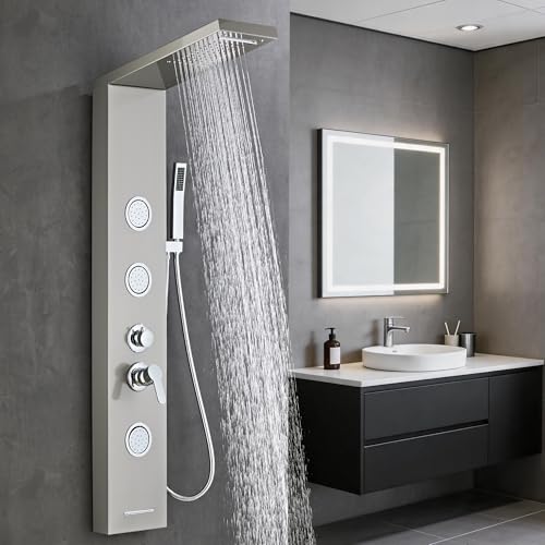 5-In-1Shower Panel Tower System-Brushed Gray | 304 stainless steel Shower Panel Column Tower With Powerful Body Jets,Body Spray,Rainfall,Waterfall,Handheld And Tub Spout - color: Gray