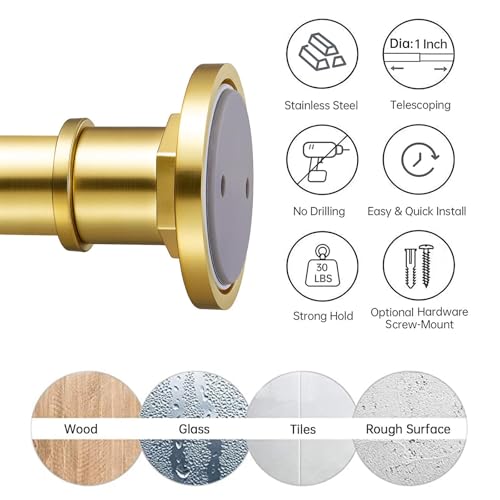Industrial Shower Curtain Rod - 2-in-1 Design Tension Curtain Rod - Rustproof Non-Slip 54 to 90 Inch Metal Steel, Light Gold Window Curtain Rod - color: Light Gold, size: 54-90 Inches