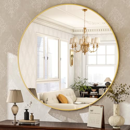 HARRITPURE Round Mirror 36 Gold Wall Mounted Circle Mirrors | Vanity Mirror with Aluminum Alloy Frame, Modern Decoration for Bathroom, Living Room, Vanity, Bedroom, Entryway - color: Gold, size: 36"L x 36"W