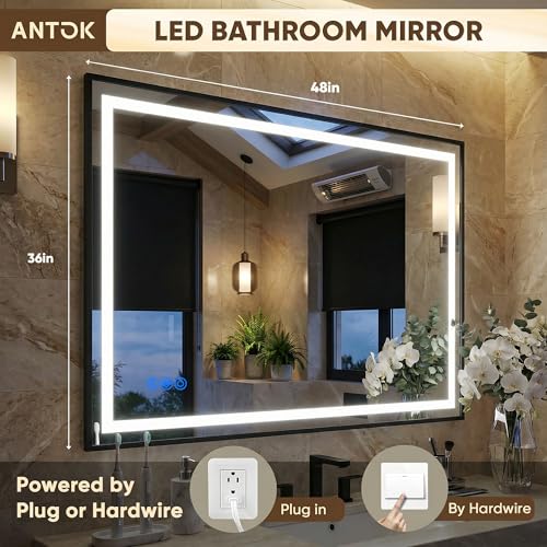 Antok 48X36 LED Bathroom Mirror with Lights, Vanity Mirror for Wall with Black Frame, Touch Control, Anti-Fog, Dimmable Lights, Shatter-Proof, Memory Function, Wall-Mounted Vanity Mirrors - size: 48"L x 36"W