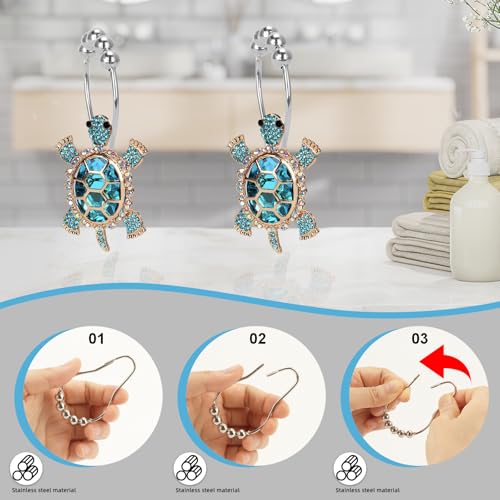 Sapphire Sea Turtle Decorative Shower Curtain Hooks Set,12 PCS,Roller Ball, Stainless Steel,Cute Ocean Animal Decor, Beach Shower Rings,Rustproof,Bathroom, Blue & Golden & Rhinestone