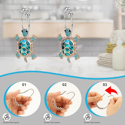 Sapphire Sea Turtle Decorative Shower Curtain Hooks Set,12 PCS,Roller Ball, Stainless Steel,Cute Ocean Animal Decor, Beach Shower Rings,Rustproof,Bathroom, Blue & Golden & Rhinestone