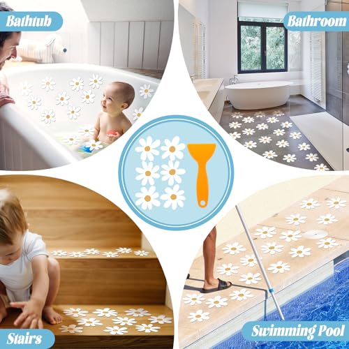 24 Pcs Non Slip Bathtub Stickers, Flower, White | Anti Slip Grip for Shower Floor, Self Adhesive Treads with Scraper Tool, Daisy Appliques Decals for Bathroom Safety - color: White, style: Flower
