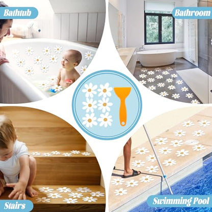 24 Pcs Non Slip Bathtub Stickers, Flower, White | Anti Slip Grip for Shower Floor, Self Adhesive Treads with Scraper Tool, Daisy Appliques Decals for Bathroom Safety - color: White, style: Flower