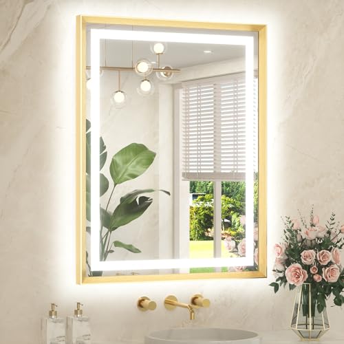 28 x 36 Bathroom LED Mirror Brushed Gold Metal Frame Frontlit & Backlit Vanity Mirror Anti-Fog Stepless Dimmable 3 Colors White/Warm/Natural Mirror with Lights Wall-Mounted - color: Brushed Gold, size: 36"L x 28"W