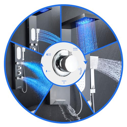 5-in-1 LED Shower Panel Tower System Stainless Steel Black | LED rain head | 4 massage jets | Body waterfall spray | Handheld shower | Tub spout | Wall mount - color: Black