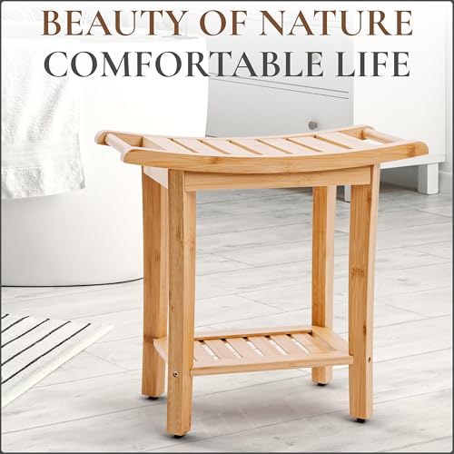 Bamboo Shower Bench with Handles and Shelf – Waterproof Stool for Inside Shower, Bathroom Foot Rest, Shaving Seat, Bamboo Shower Chair for Adults