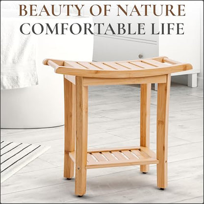 Bamboo Shower Bench with Handles and Shelf – Waterproof Stool for Inside Shower, Bathroom Foot Rest, Shaving Seat, Bamboo Shower Chair for Adults