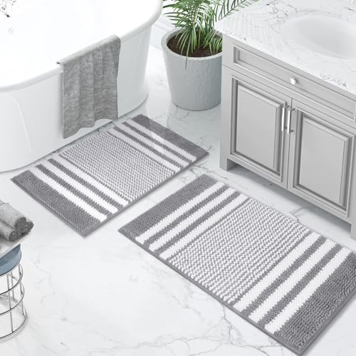 Light Grey Bathroom Rugs Set 2 Piece, Extra Soft Absorbent Fluffy Striped Chenille Bathroom Floor Mat, Non Slip Quick Dry Washable Bath Rugs for Shower, 20" x 32" Plus 16" x 24" - color: Light Grey and White, size: 20" x 32" Plus 16" x 24"