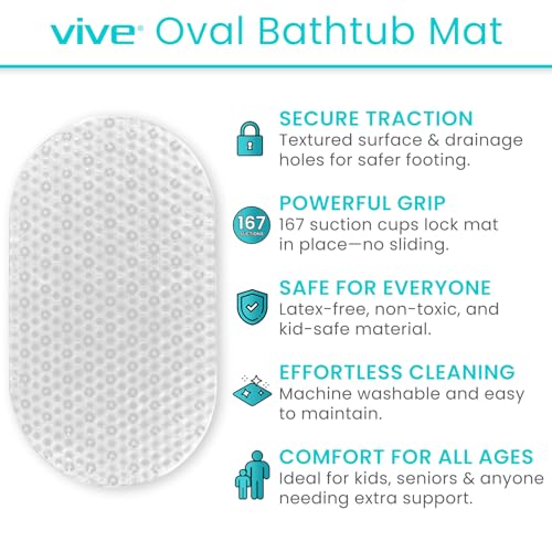 Vive Oval Bathtub Mat - Nonslip Shower Floor Pad - Non-Slip and Non-Skid | For Bath Tub with Strong Rubber Suction Cup Grip - for Baby, Elderly, Kids, Bathroom (Gray) - color: Clear