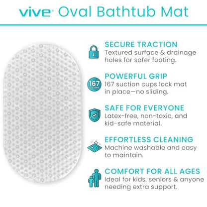 Vive Oval Bathtub Mat - Nonslip Shower Floor Pad - Non-Slip and Non-Skid | For Bath Tub with Strong Rubber Suction Cup Grip - for Baby, Elderly, Kids, Bathroom (Gray) - color: Clear